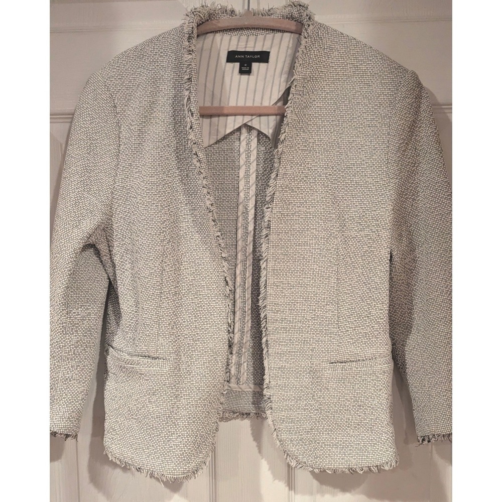 Ann Taylor Blazer 10 Black White Textured Fringe Trim Open Front Career Jacket - Picture 1 of 6